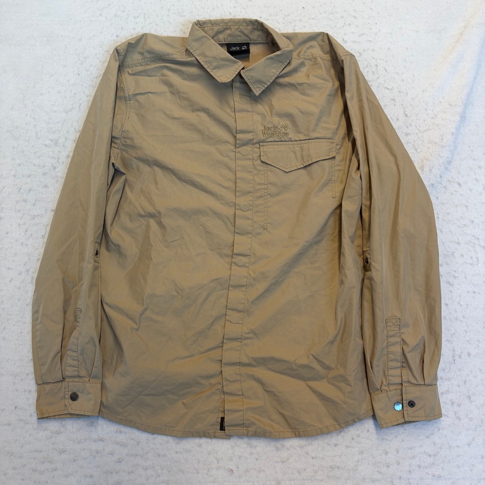 Jack Wolfskin Button Down Shirt Mens S Tan Long Sleeve Hiking Outdoor Travel